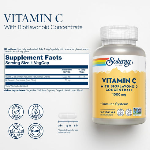 SOLARAY Vitamin C with Bioflavonoid Concentrate - Rose HIPS, Acerola Cherry and Bioflavonoids - Vitamin C 1000mg - Immune Function, Skin, Hair, Na...