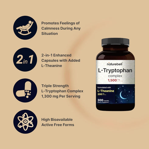 NatureBell L Tryptophan 1300mg with L Theanine 200mg, 300 Capsules | Active Free Form, Plant Based Supplement – Calm Formula, Supports Relaxation ...