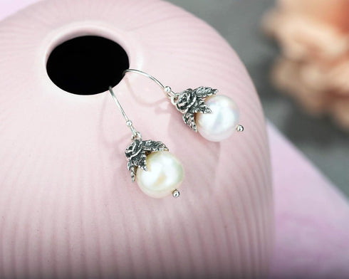 Paz Creations Sterling Silver Dangle Pearl Earrings with Floral Caps - Real Freshwater Ball-Shaped White Pearls - Elegant Drop Earrings Set - Clas...