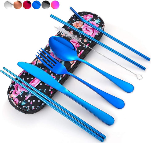 Travel Utensils,Reusable Silverware Set To Go Portable Cutlery Set with a Waterproof Carrying Case for Lunch Boxes Workplace Camping Picnic (Blue)...