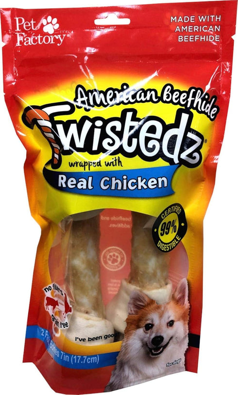 Pet Factory 27222 Twistedz American Beefhide 7-8" Bones Wrapped with Real Chicken. 2 Pack. Certified 99% Digestible....