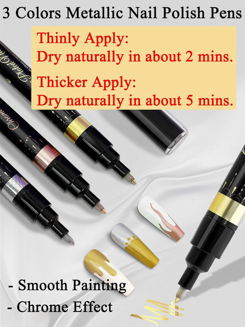 Metallic Chrome Nail Art Pens Mirror Powder Effect Gold Silver Nail Polish Pen for Beginners Nail Art 3D Metal Nail Painting Graffiti Pen at Home ...
