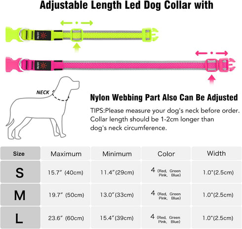 LED Dog Collar, USB Rechargeable Light Up Dog Collar Lights, Adjustable Comfortable Soft Mesh Safety Dog Collar for Small, Medium, Large Dogs(Smal...