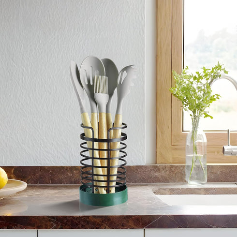 Utensil Holder, Kitchen Utensil Holder Rack with Gelatinous Base and Metal holder, Wire Utensil Organizer Round Utensil Caddy Crock Flatware Stora...