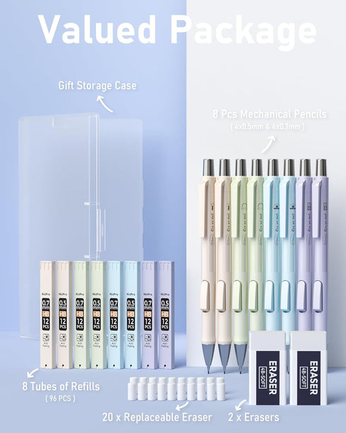 Nicpro 8PCS Pastel Mechanical Pencil 0.5 & 0.7 mm, Cute Fast Click Mechanical Pencils Set with 8 Tubes HB Lead Refills, Erasers for Drafting, Scho...