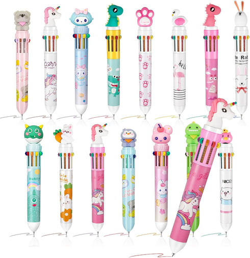 12 Pcs Multicolor Pens 10 in 1 Retractable Ballpoint Pens 0.5 mm Animals Ballpoint Pens Back to School Gift for Students Animal Shaped Design Shut...