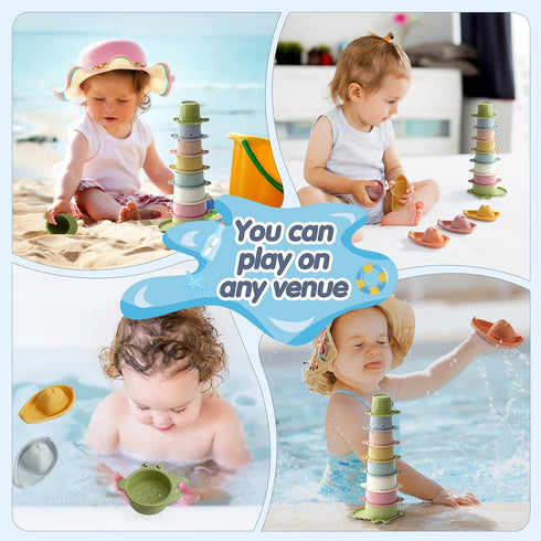 Bath Toys, 14-Piece Water Table Toys with Stacking Cups and Bath Boats for Toddlers 1-3, Pool Toys for Toddlers 1-3, Bath Tub Toys for Baby Toddle...