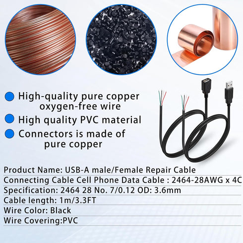 4Pcs USB 2.0 Male Plug 4pin Bare Wire USB Power Data Cable DIY Pigtail Cable for USB Equipment Installed or Replacement Repair DIY Cable (USB A ma...