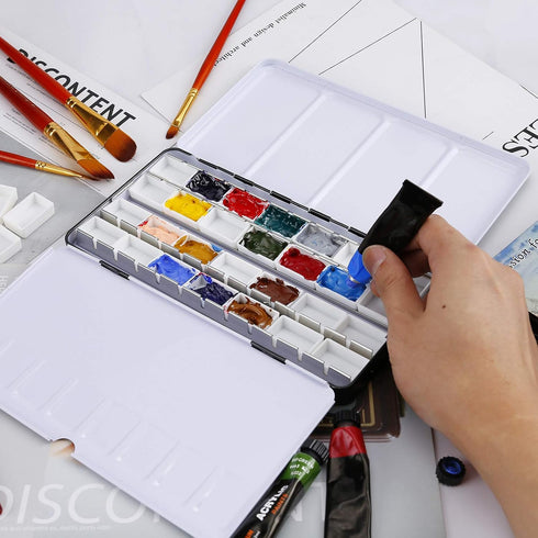MYARTOOL Empty Watercolor Palette Tins, Metal Watercolor Tin Palette Paint Case with Fold-Out Palette Holds 24 Full Pans for DIY Watercolor Travel...