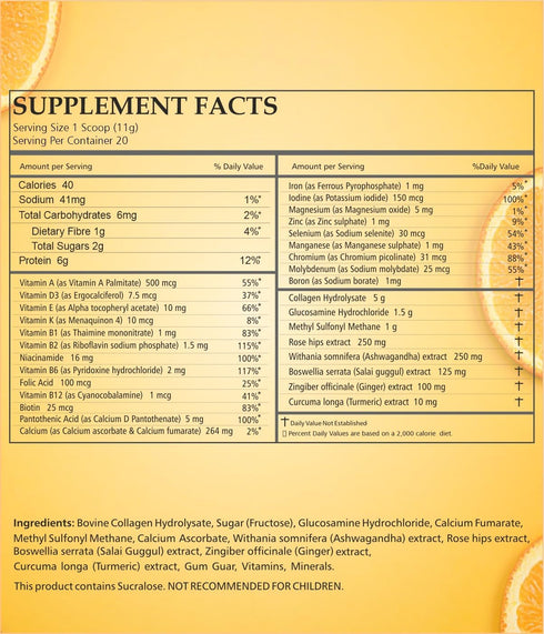 FLEXIFOOD 33 in 1 Powder of Premium Collagen Glucosamine MSM Boswellia Ashwagandha Turmeric Rosehip Vitamin Minerals for Joints, Skin Hair, Health...