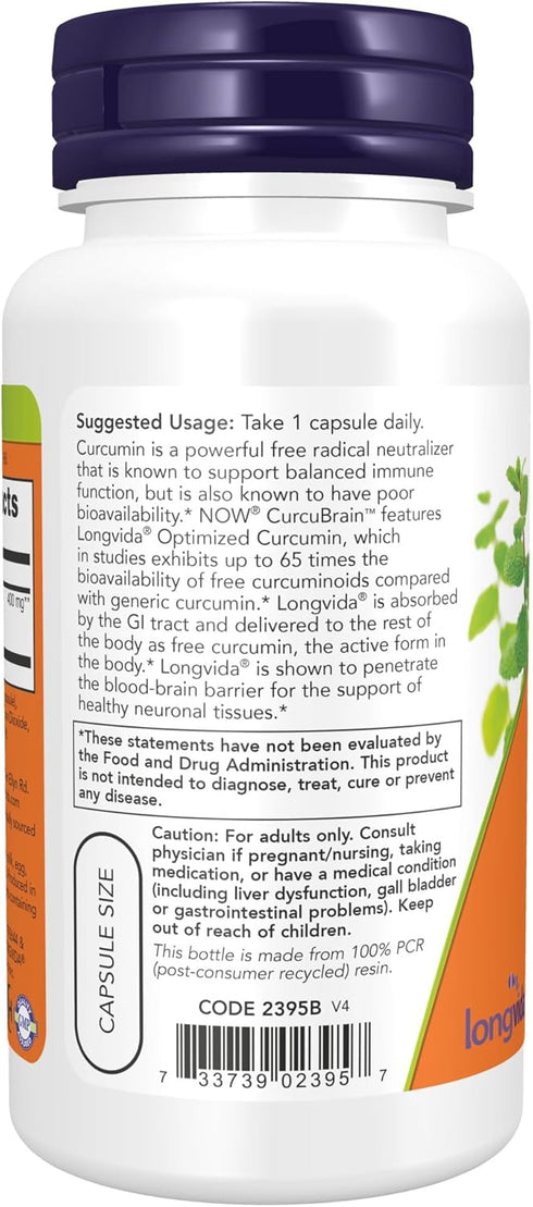 NOW Supplements, CurcuBrain™ 400 mg with Longvida® Optimized Curcumin, 50 Veg Capsules...