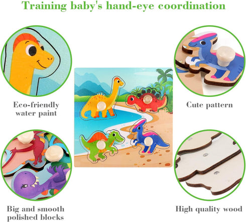 Wooden Peg Puzzles for Toddlers 1-3, Kids Educational Preschool Peg Puzzle Toy Ages 2-4, Set of 4 Dinosaur Toddler Puzzles, Ideal Gift for Ages 1 ...