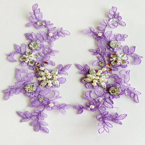 Zbroh Fine Lace Fabric Patches Embroidered rhinestones Trim Applique Decor Dress Decoration sew on sequins beads accessory one pair (light purple)...