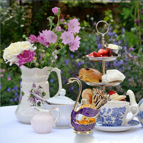 Coffee Spoon Holder, Coffee Dessert Spoon Set Metal Swan Base Holder Spoon Organizer with 6pcs Ice Cream Spoons Coffee Dessert Flatware (Purple)...