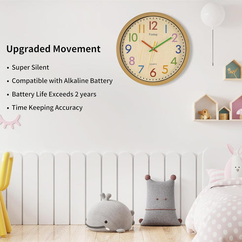 Foxtop Silent Kids Wall Clock 12 Inch Non-Ticking Battery Operated Colorful Childrens Clock for Classroom Playroom Nursery Bedrooms Kids Room Scho...