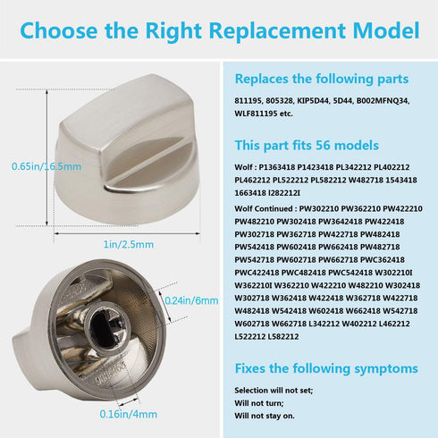 Reyhoar 811195 Wolf Hood Knob Replacement KIP 5D44, Wolf Range Parts, Exhaust Ventilation Hood Knobs 805328 5D44 B002MFNQ34, Fit 56 Models for Sub-Zero Wolf, Silver (1) (2 Pack)