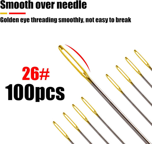 100pcs Cross Stitch Needles + 2 Needle Threader Golden Color Large Eyes Cross Stitch DIY Embroidery Hand Needles Sewing Needles in Transparent Box...