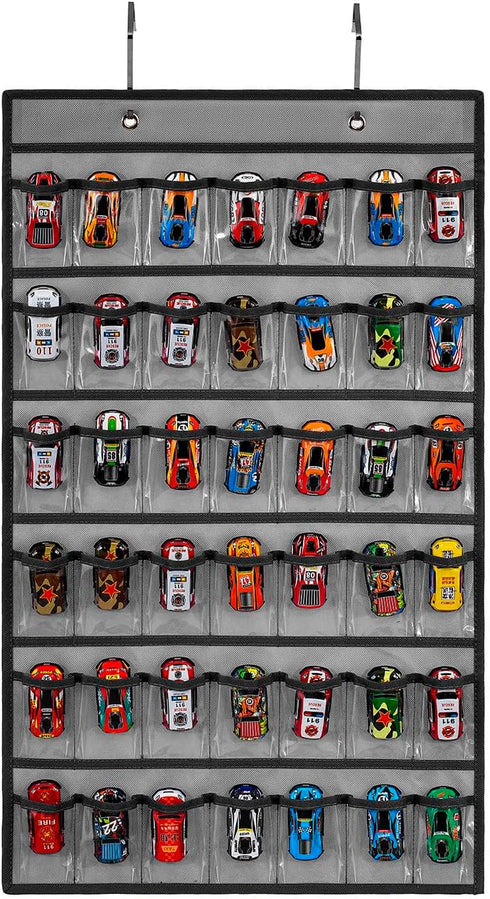 Toy Car Storage Organizer Hanging Toy Wheels Cars Holder Matchbox Cars Display Case with 42 Clear Pockets (One Side-Grey)...