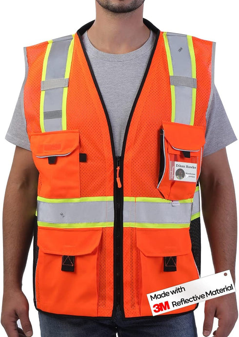 Reflective Safety Vest Orange Mesh, Made with 3M Reflective Tape, Heavy Duty Vest with ID pocket, Padded Neck, Orange L...