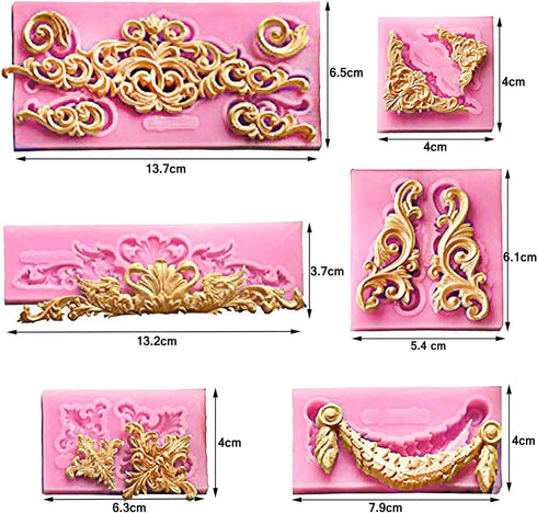 (Set Of 6) Baroque Fondant Molds for Cake Decorating Curlicues Scroll Lace Border Candy Silicone Mold for Sugarcraft, Cupcake Topper...