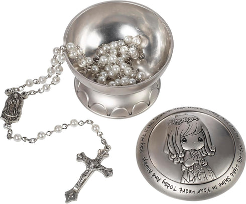 Precious Moments Rosary Communion Gift, May His Light Shine in Your Heart Today & Always Girl First Communion Rosary & Silver Zinc Alloy Rosary Bo...