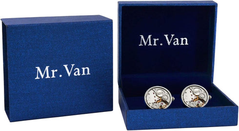 Mr.Van Men's Cufflinks - Rhodium-Plated Brass Steampunk Gear Design, Non-Rotating Watch Movement - Gift Box Included...