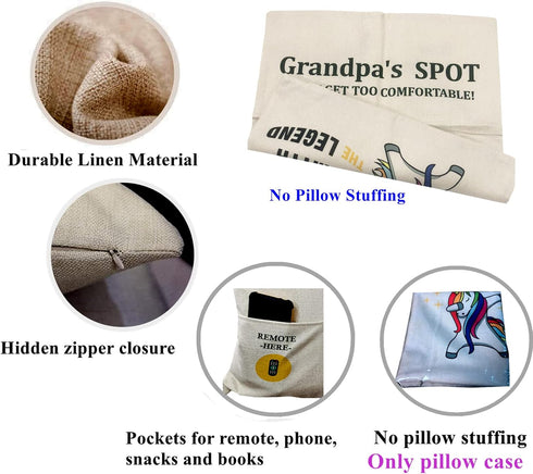 Grandpa Gifts,2-Pocket Grandpa’s Spot Throw Pillow Covers 18x18 Inch + Engraved Spoon, Fathers Day Birthday Christmas Thanksgiving Day Gifts for P...