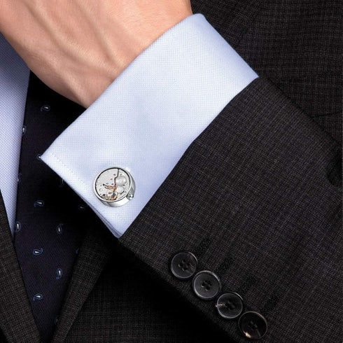 Mr.Van Men's Cufflinks - Rhodium-Plated Brass Steampunk Gear Design, Non-Rotating Watch Movement - Gift Box Included...