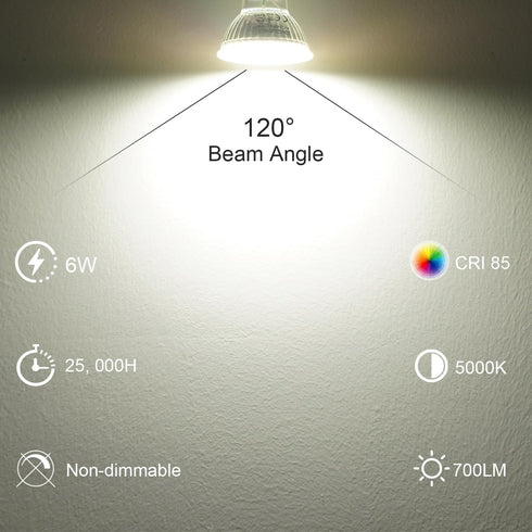 DiCUNO GU10 LED Light Bulbs, 6W 60W Halogen Replacement, Bright Daylight White 5000K, 700LM, Full Glass Cover 120 Degree Beam Angle 120V MR16 GU10...