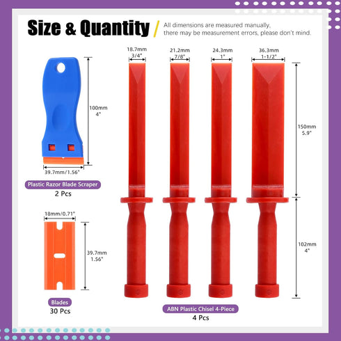 Swpeet 36Pcs 3/4" 7/8" 1" 1-1/2" Plastic Chisel and Plastic Blade Scraper Tools with Blades Replacement Assortment Kit, Scraper Remover Tool Kit C...