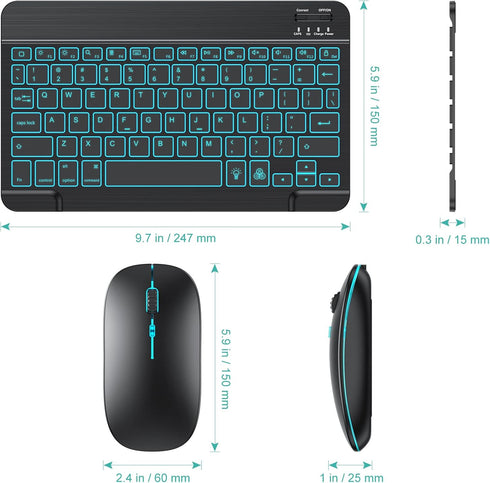 TECURS Bluetooth Keyboard and Mouse Combo for iPad - Rechargeable Wireless Keyboard & Mouse with 7-Color Backlit Compatible with iPad 10th/9th/8th...