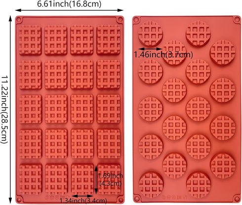 Aswewamt 2 Pcs Rectangle Round Waffle Silicone Mold 18-Cavity 20-Cavity Mini Waffle Cookie Chocolate Candy Fondant Baking Mold for Mini Muffin Des...