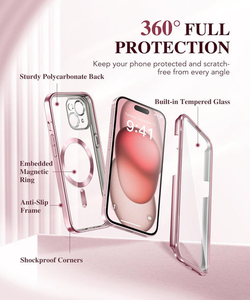 BERFY Magnetic for iPhone 15 Case Compatible with Magsafe, Full Body Rugged Case Built-in 9H Tempered Glass Screen Protector & Full Camera Protect...