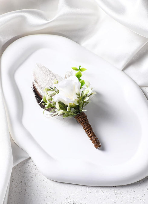 Rose Boutonniere for Men Wedding - Handmade White Corsage Feather Boutonnier for Woodland Wedding Groom Groomsmen Formal Dinner Party Ceremony Ann...