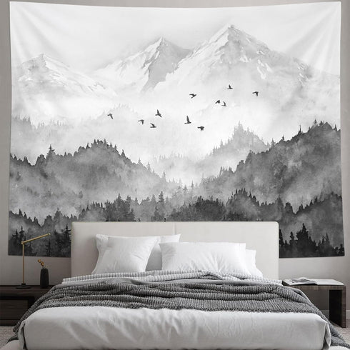 kampdream Mountain Forest Tapestry, Misty Foggy Black and White Tree Landscape Watercolor Art Wall Tapestries, Nature Scenery Tapestry for Bedroom...