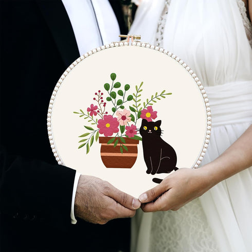 FREEBLOSS 4 Set 8'' Embroidery Kit for Beginners Cats&Plants Pattern Embroidery Kit with Instructions Full Kit of Embroidery Cloth 2 Embroidery Ho...