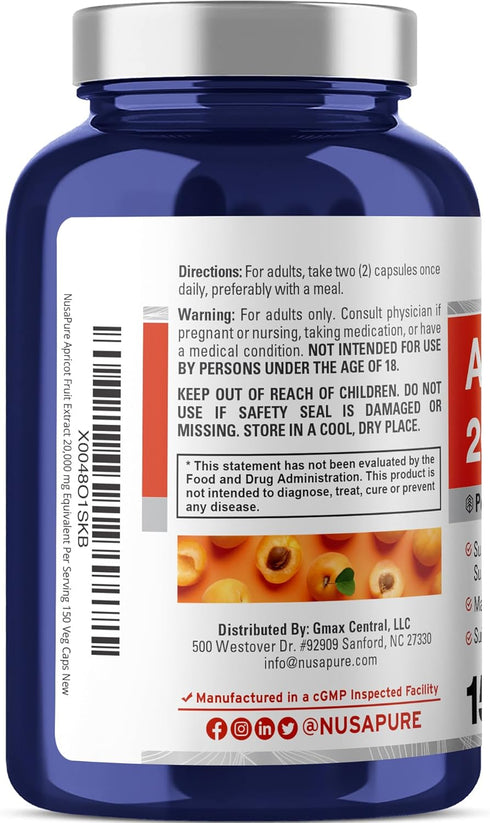 NusaPure Apricot Extract 20000mg 150 Veggie Capsules (Extract 20:1, Vegan, Non-GMO)...