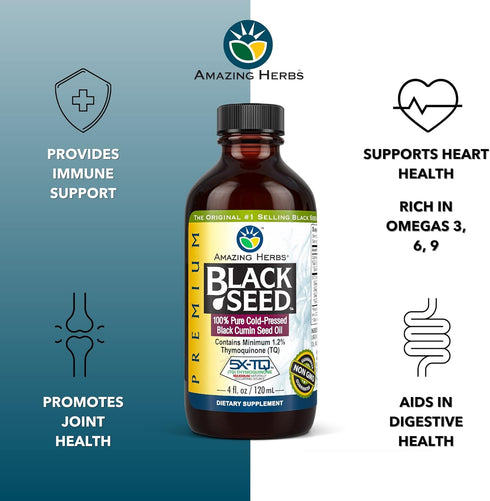 Amazing Herbs Premium Black Seed Oil - Cold Pressed Nigella Sativa Aids in Digestive Health, Immune Support, Brain Function, Joint Mobility, Glute...