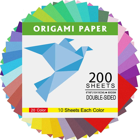 Origami Paper Double Sided Color - 200 Sheets - 20 Colors - 6 Inch Square Easy Fold Paper for Beginner...