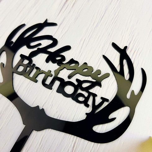 Antlers Happy Birthday Cake Topper Party Decorations (Black Acrylic)...