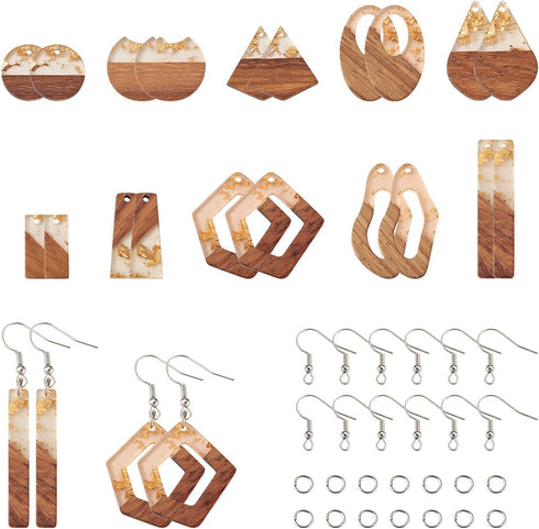 FASHEWELRY 20Pcs Resin Wooden Earring Pendants 10 Styles Gold Teardrop Rectangle Rhombus Flat Round Geometry Vintage Resin Wood Statement for Jewe...