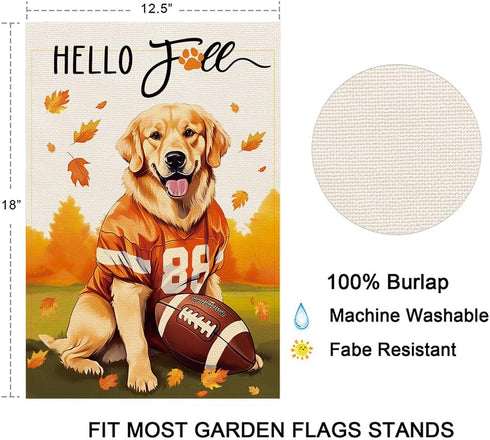 Football Fall Golden Retriever Garden Flag For Outside Welcome Burlap Flag Fall Decorations Outdoor Dog Thanksgiving Holiday Yard Flag 12×18 Inch ...