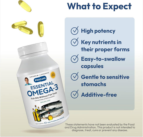 ANDREW LESSMAN Essential Omega-3 Mint - 60 Softgels - Ultra-Pure, High Potency Omega-3 Oils. High DHA, No Stomach Upset, No Contaminants, No Mercu...