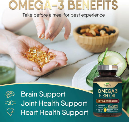 Triple Strength Omega 3 Fish Oil 2400 mg Supplement, Nature's Omega-3 Supplements, Brain & Heart Health Support - EPA & DHA, Fish Oil in Each Soft...