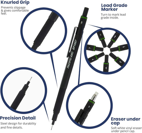 Pacific Arc Chromagraph Metal Mechanical Pencil .7 mm Black Barrel Mechanical Pencil with Built In Adjustable Pencil Grade, Lead Pencil Holder for...