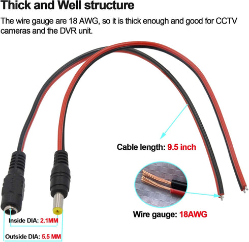 MILAPEAK (Real 18AWG 43x2pcs Strands) 10 Pairs DC Power Pigtail Cable 12V 5A Male & Female + 10 Pairs DC Power Jack Plug Adapter Barrel Connector ...