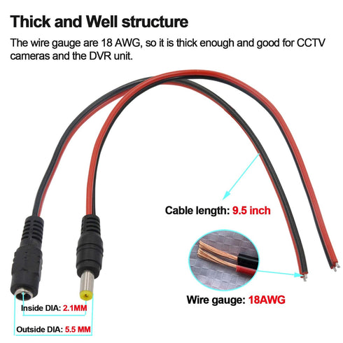 MILAPEAK (Real 18AWG 43x2pcs Copper Strands 20 Pairs DC Power Pigtail Cable, 12V 5A Male & Female Barrel Connectors for CCTV Security Camera and L...