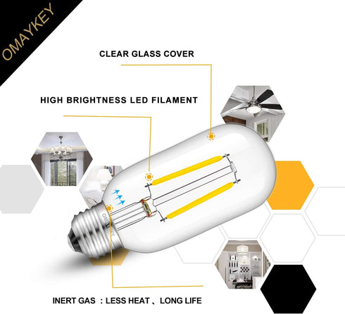 OMAYKEY 2W LED Tubular Bulb 4000K Daylight White Glow, 25W Equivalent 250LM E26 Base, Antique Edison T45 Tube Clear Glass Dimmable Chandelier Ceil...
