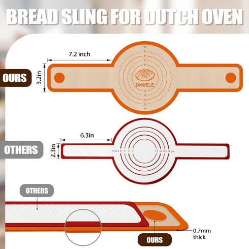 Silicone Bread Sling for Dutch Oven, Non-Stick & Easy to Clean Bread Baking Mat Set, 2 Pcs Reusable Bread Sling with Long Handle to Transfer Sourd...