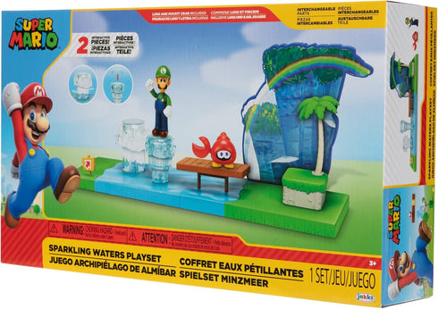 Super Mario Sparkling Waters Action Figures Playset Includes 2.5 Inch Luigi & Red Huckit Crab with Interactive Pieces...